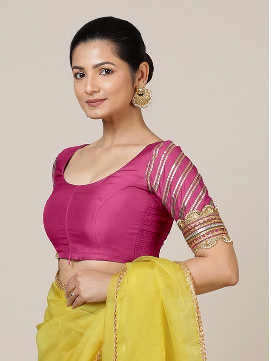Anisha x Tyohaar Saree Blouse, in Pink Artificial Silk, featuring elbow sleeves and round neckline, made for party & festive.
