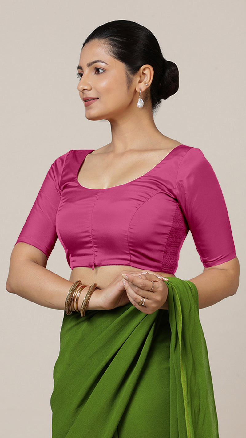 Anisha x Rozaana | Elbow Sleeves Hot Pink FlexiFit™ Saree Blouse with Round Neck-Binks