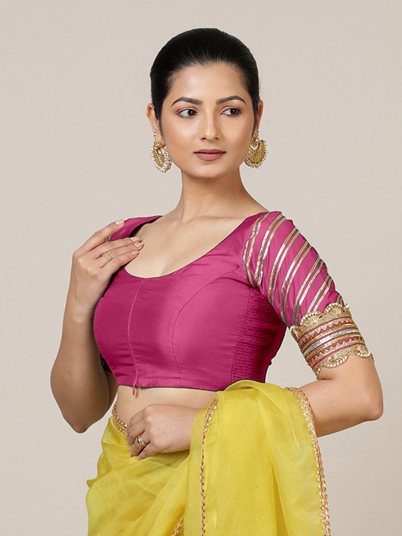Anisha x Tyohaar | Elbow Sleeves Hot Pink FlexiFit™ Gota Embellished Saree Blouse with Round Neck-Binks