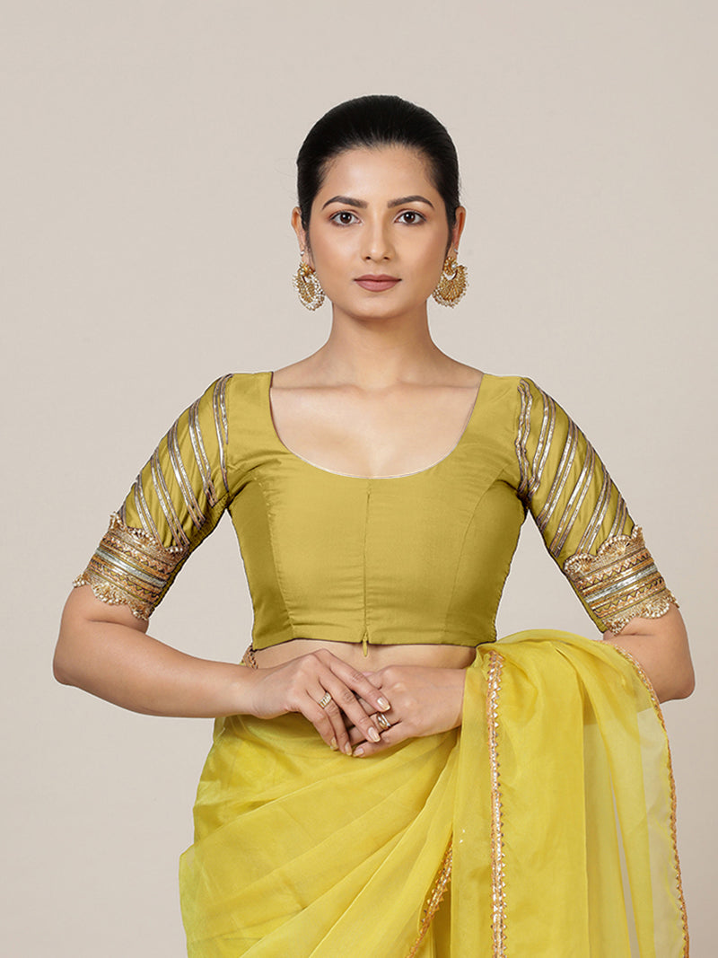 Anisha x Tyohaar | Elbow Sleeves Saree Blouse in Lemon Yellow-Binks
