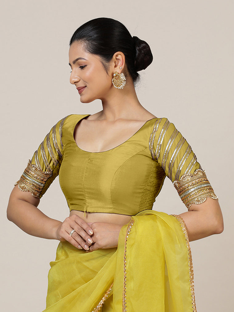 Anisha x Tyohaar Saree Blouse, in Yellow Vegan Silk, featuring elbow sleeves and round neckline, made for party & festive.