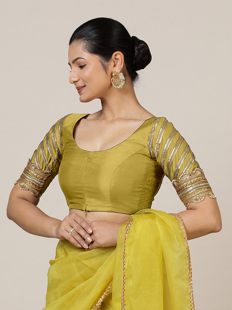 Anisha x Tyohaar | Elbow Sleeves Saree Blouse in Lemon Yellow-Binks