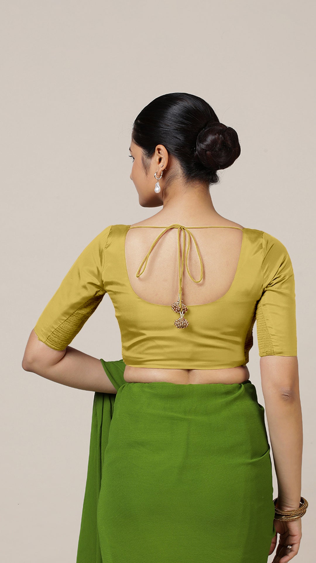 Anisha x Rozaana Saree Blouse, in Yellow Vegan Silk, featuring elbow sleeves and round neckline, made for daily & work (view 2).