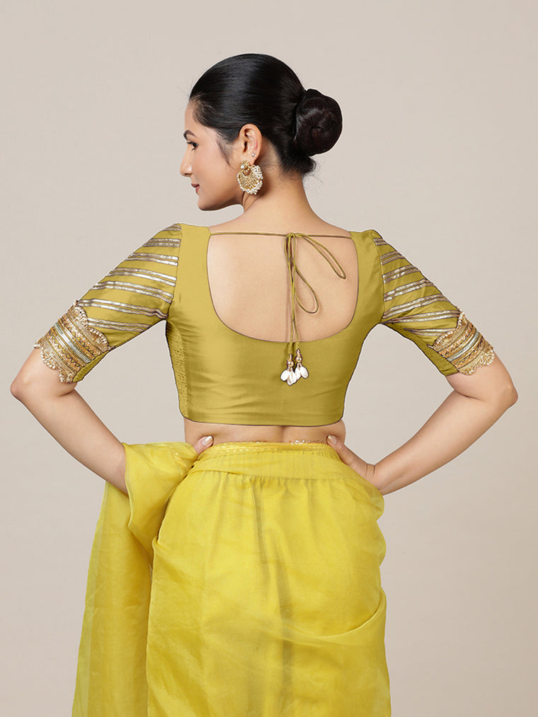 Anisha x Tyohaar Saree Blouse, in Yellow Vegan Silk, featuring elbow sleeves and round neckline, made for party & festive.