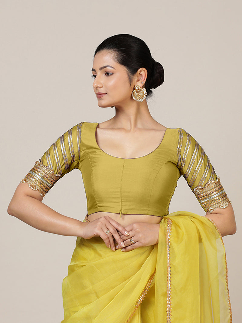 Anisha x Tyohaar | Elbow Sleeves Saree Blouse in Lemon Yellow-Binks