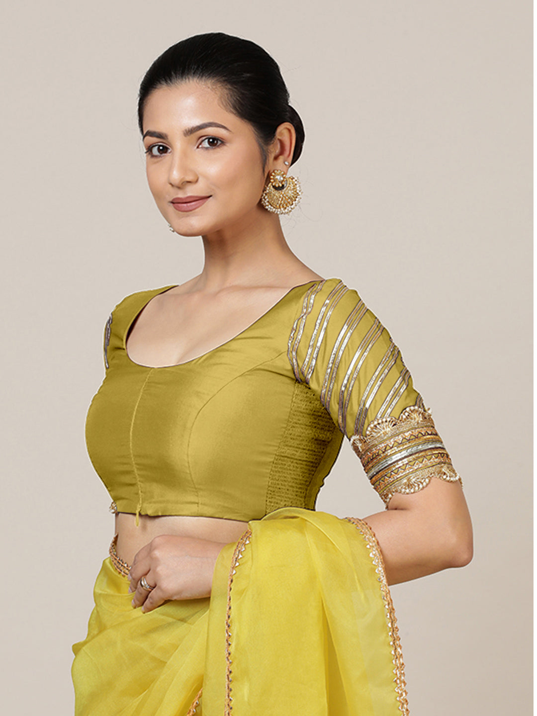 Anisha x Tyohaar Saree Blouse, in Yellow Vegan Silk, featuring elbow sleeves and round neckline, made for party & festive.