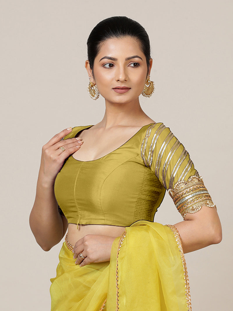 Anisha x Tyohaar | Elbow Sleeves Saree Blouse in Lemon Yellow-Binks