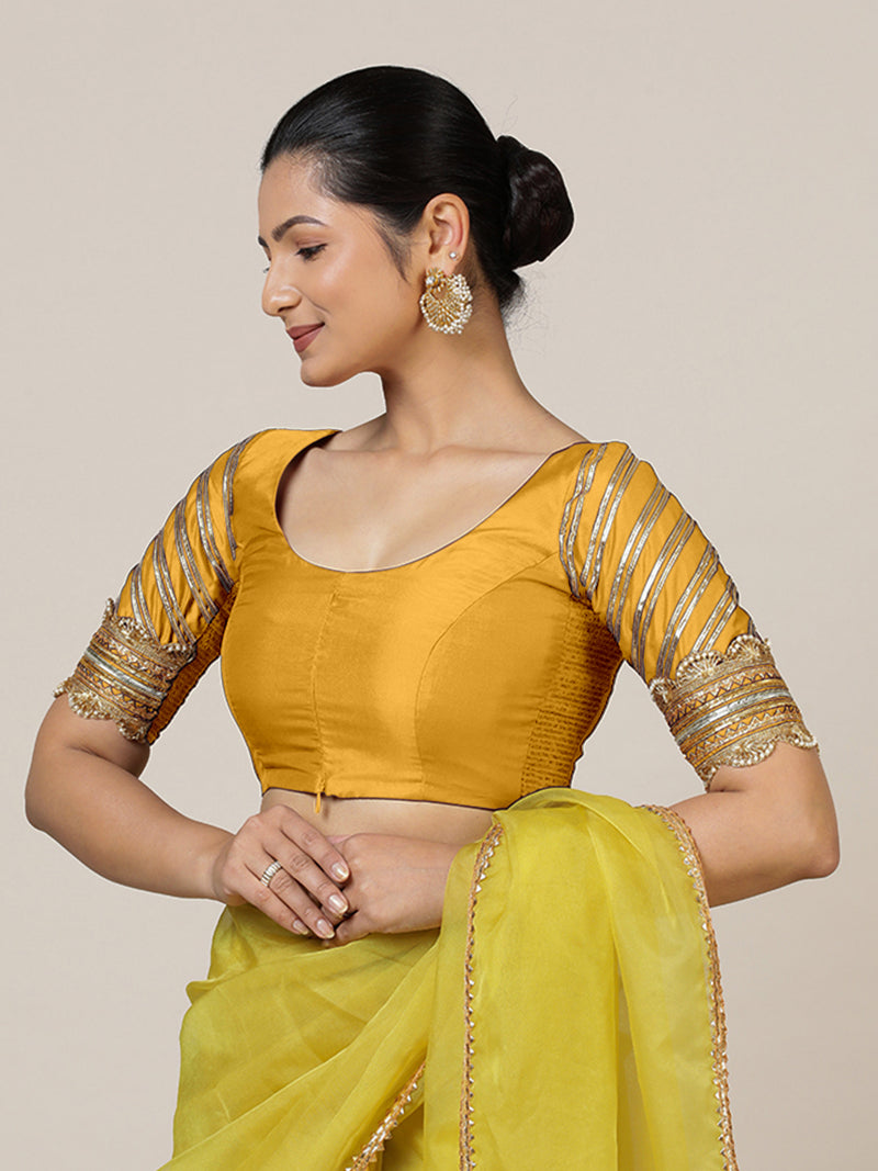 Anisha x Tyohaar | Elbow Sleeves Marigold Yellow FlexiFit™ Gota Embellished Saree Blouse with Round Neck-Binks
