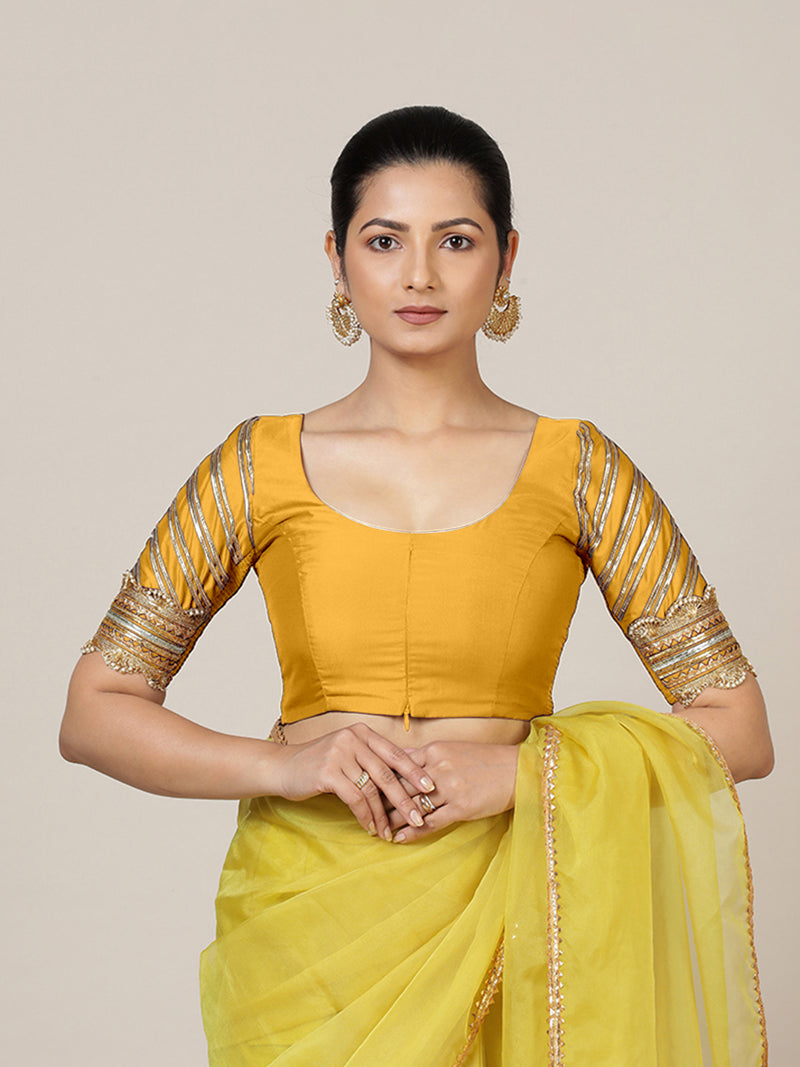 Anisha x Tyohaar | Elbow Sleeves Marigold Yellow FlexiFit™ Gota Embellished Saree Blouse with Round Neck-Binks