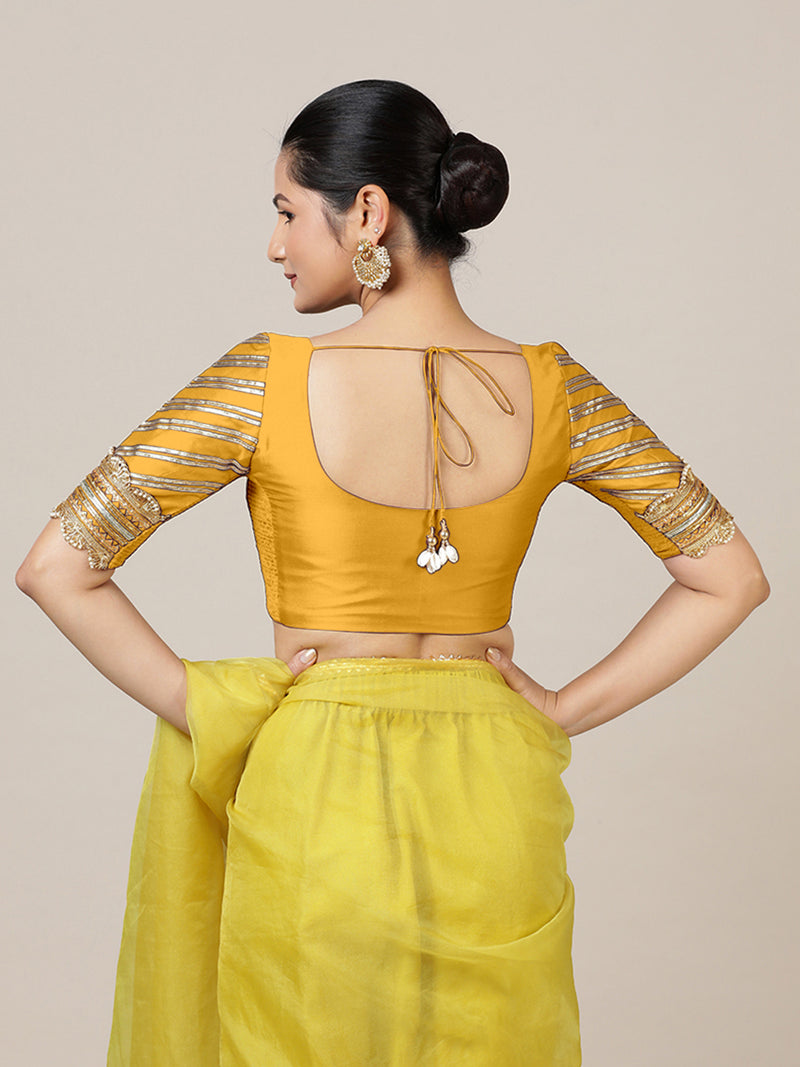 Anisha x Tyohaar | Elbow Sleeves Marigold Yellow FlexiFit™ Gota Embellished Saree Blouse with Round Neck-Binks
