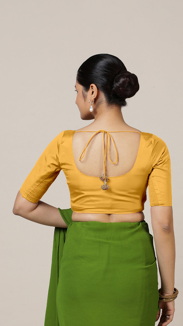 Anisha x Rozaana Saree Blouse, in Yellow Artificial Silk, featuring elbow sleeves and round neckline (view 2).