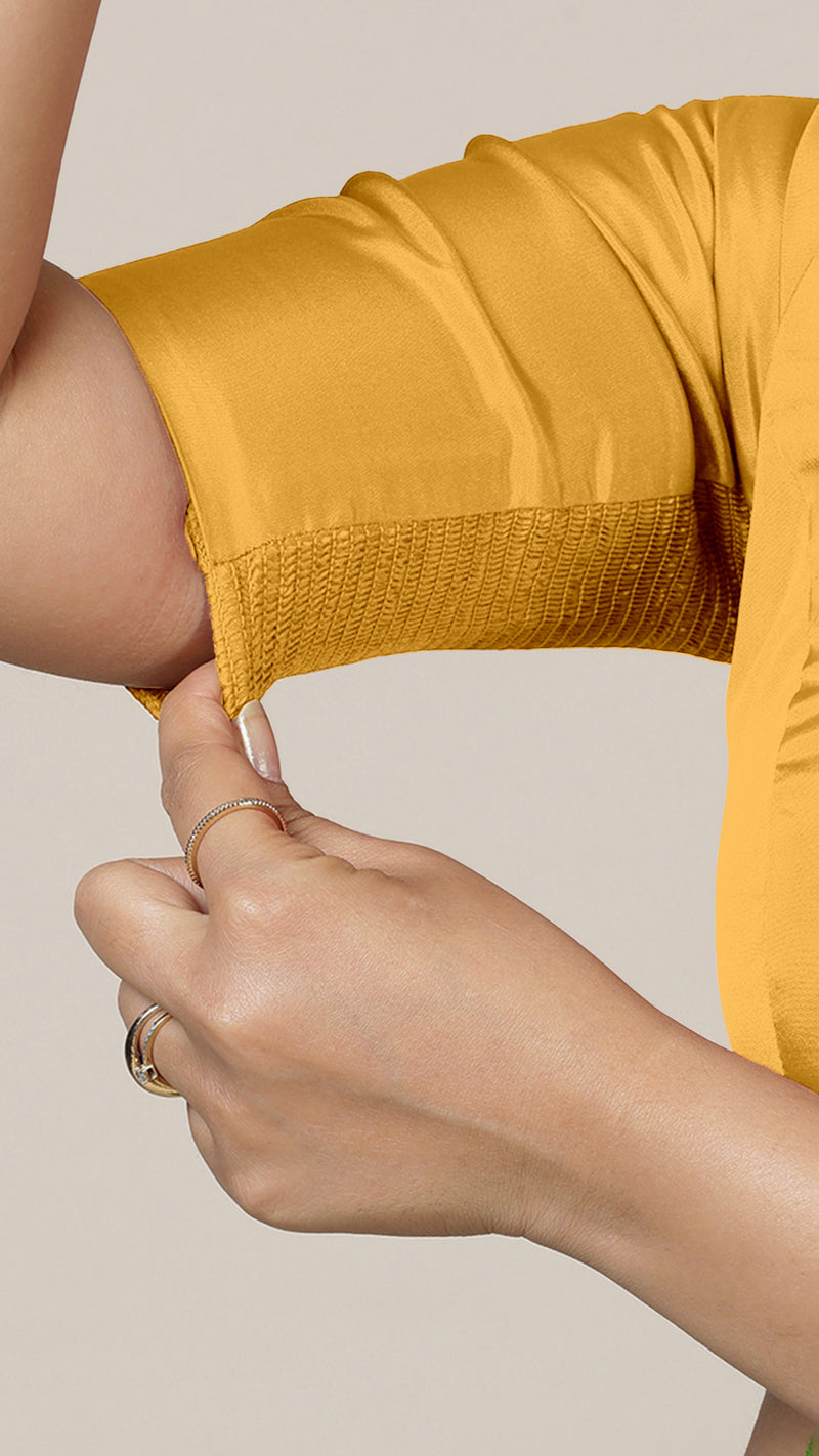 Anisha x Rozaana | Elbow Sleeves Marigold Yellow FlexiFit™ Saree Blouse with Round Neck-Binks