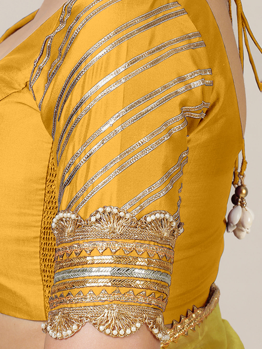 Anisha x Tyohaar Saree Blouse, in Yellow Artificial Silk, featuring elbow sleeves and round neckline (view 5).