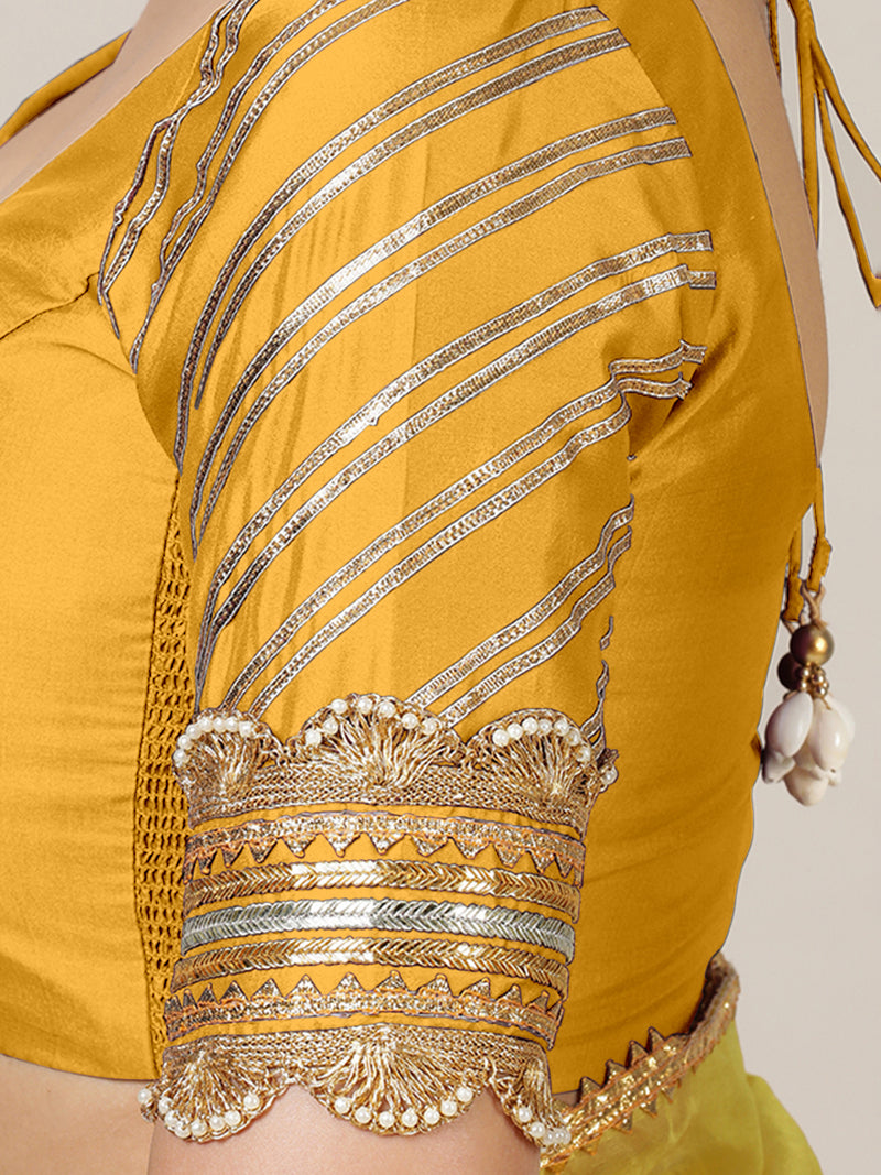 Anisha x Tyohaar | Elbow Sleeves Marigold Yellow FlexiFit™ Gota Embellished Saree Blouse with Round Neck-Binks