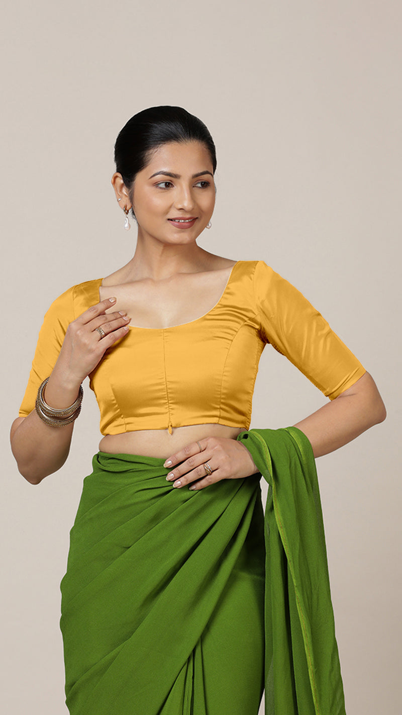 Anisha x Rozaana | Elbow Sleeves Marigold Yellow FlexiFit™ Saree Blouse with Round Neck-Binks