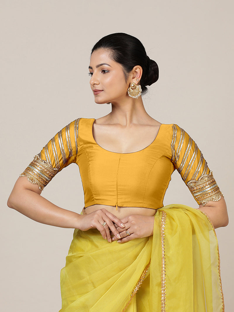 Anisha x Tyohaar | Elbow Sleeves Marigold Yellow FlexiFit™ Gota Embellished Saree Blouse with Round Neck-Binks