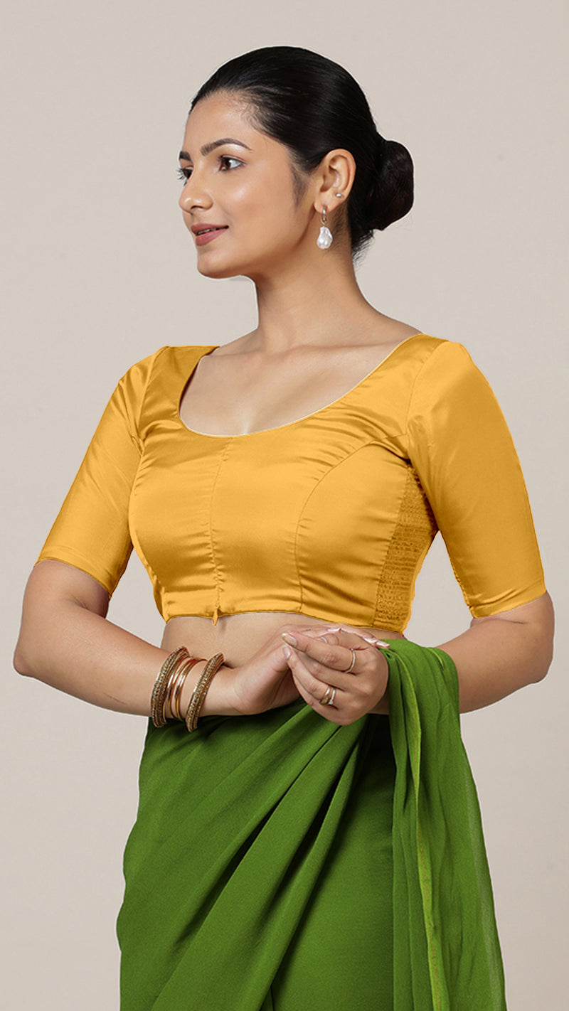 Anisha x Rozaana | Elbow Sleeves Marigold Yellow FlexiFit™ Saree Blouse with Round Neck-Binks