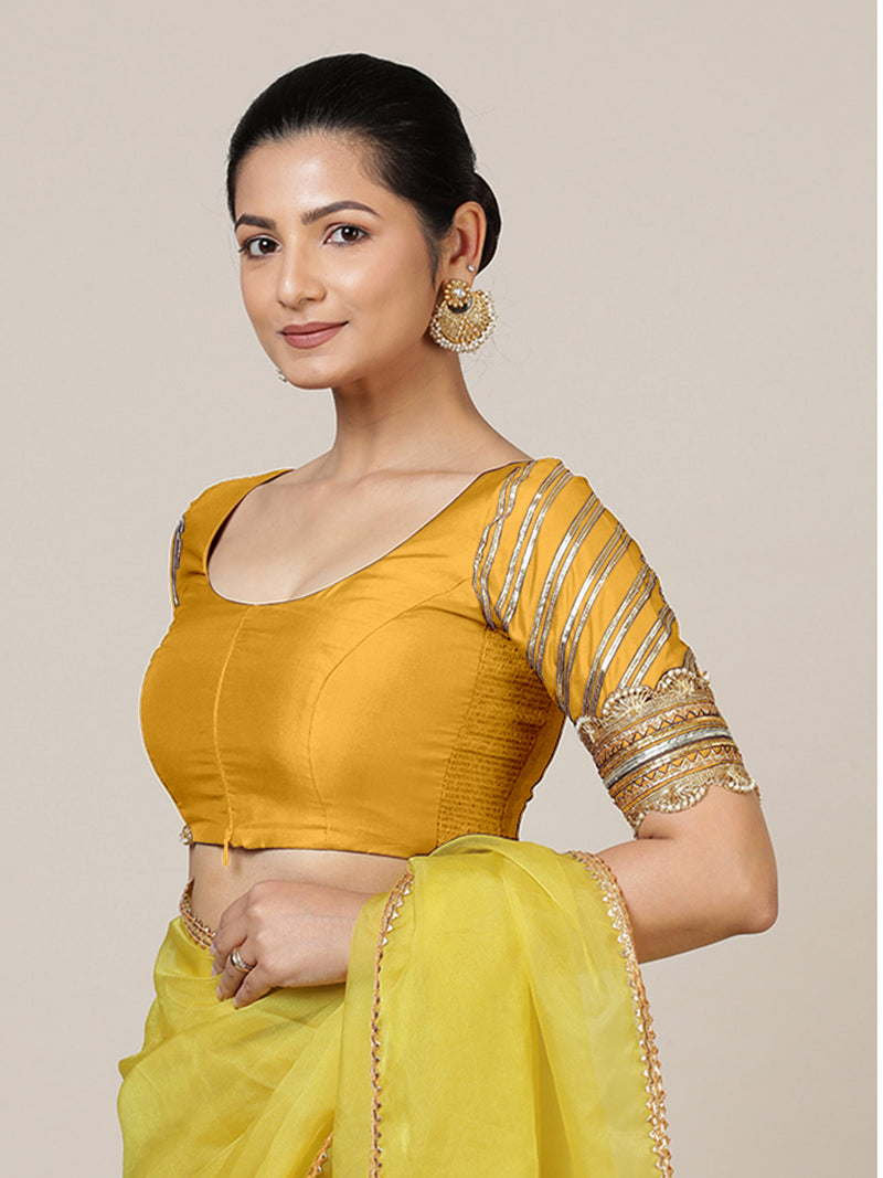 Anisha x Tyohaar | Elbow Sleeves Marigold Yellow FlexiFit™ Gota Embellished Saree Blouse with Round Neck-Binks