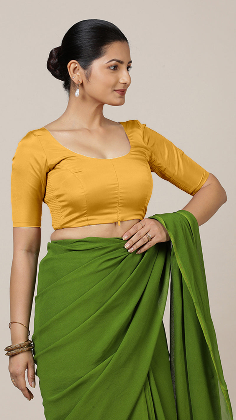 Anisha x Rozaana | Elbow Sleeves Marigold Yellow FlexiFit™ Saree Blouse with Round Neck-Binks