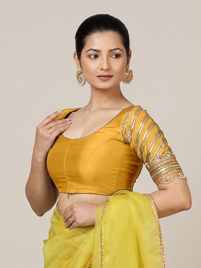 Anisha x Tyohaar | Elbow Sleeves Marigold Yellow FlexiFit™ Gota Embellished Saree Blouse with Round Neck-Binks