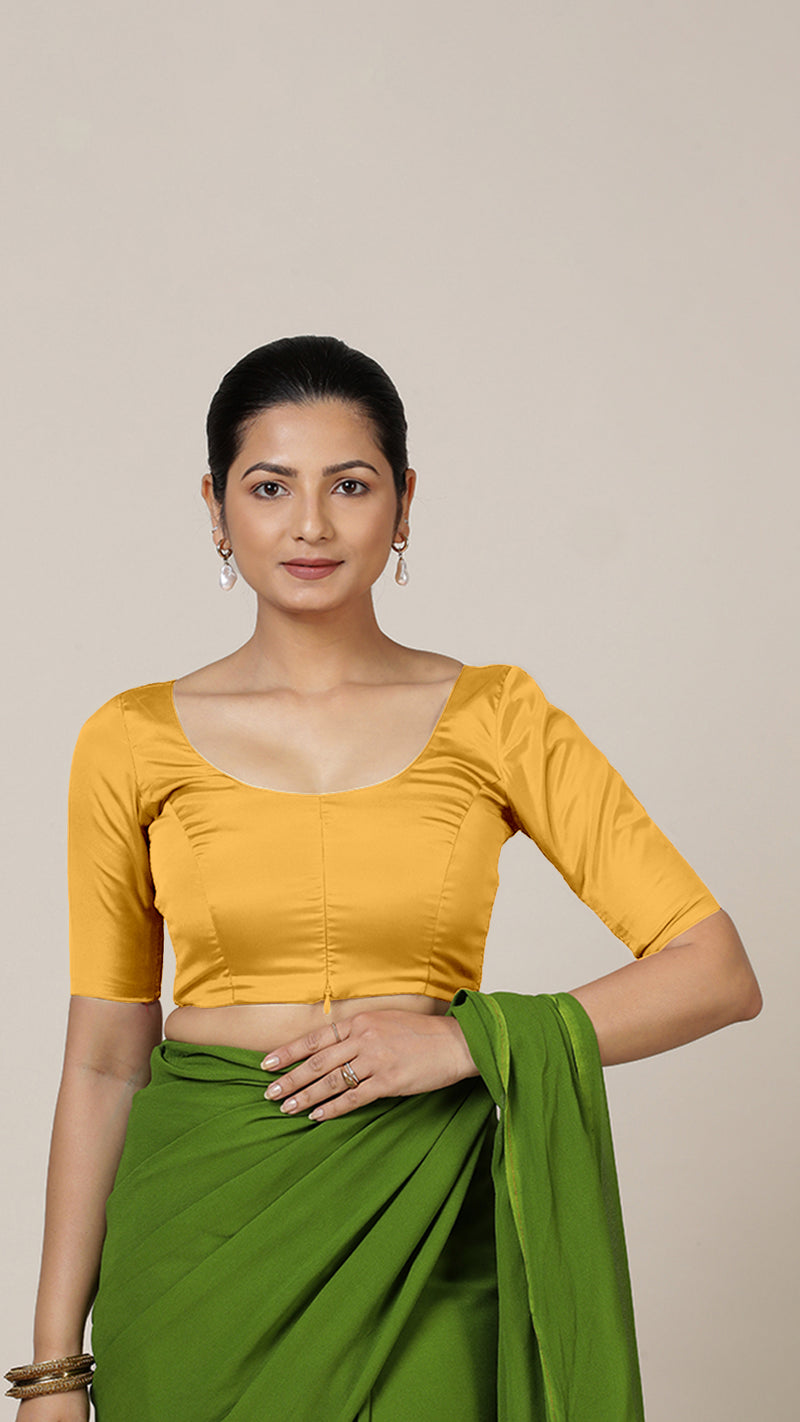 Anisha x Rozaana | Elbow Sleeves Marigold Yellow FlexiFit™ Saree Blouse with Round Neck-Binks