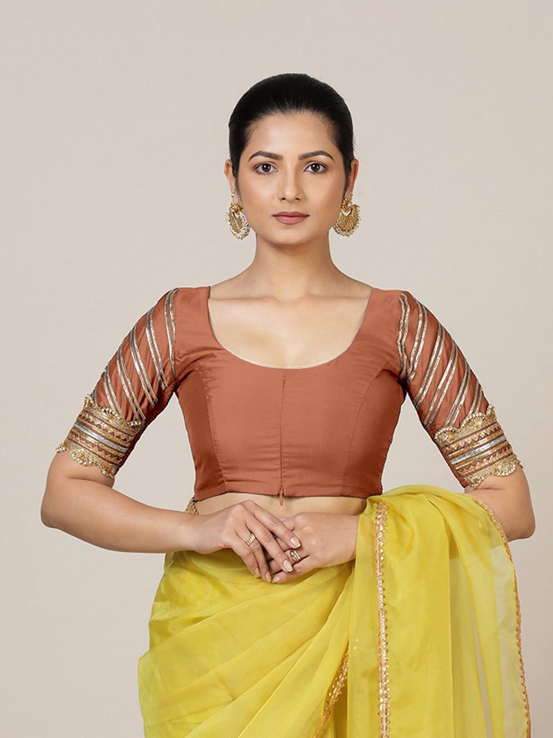 Anisha x Tyohaar | Elbow Sleeves Saree Blouse in Metallic Copper-Binks