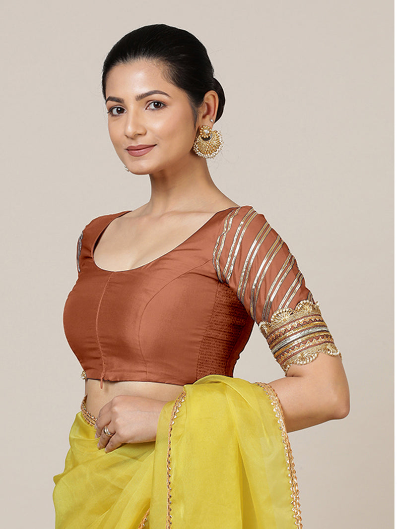 Anisha x Tyohaar | Elbow Sleeves Saree Blouse in Metallic Copper-Binks