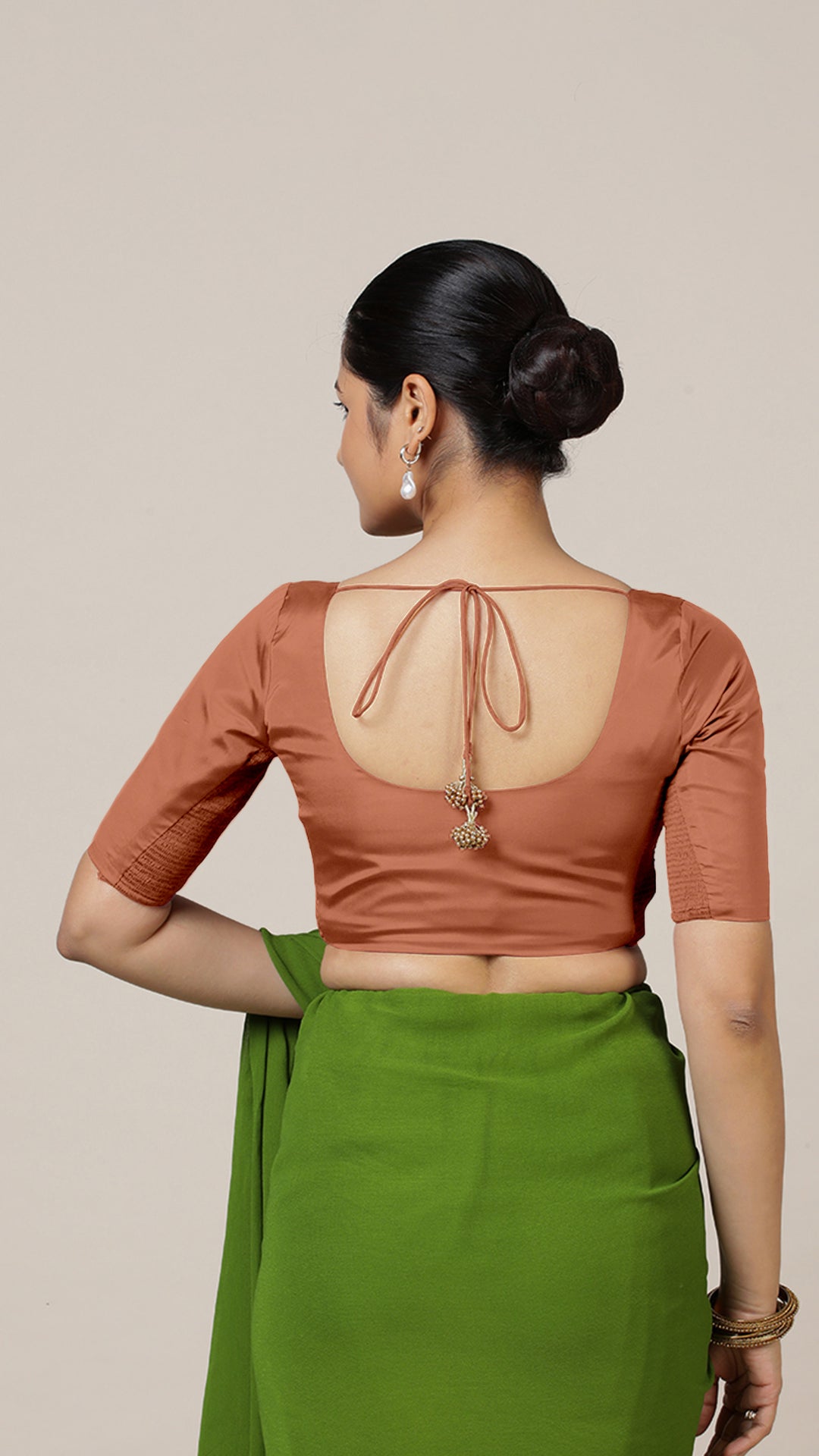 Anisha x Rozaana Saree Blouse, in Copper Vegan Silk, featuring elbow sleeves and round neckline, made for daily & work (view 2).