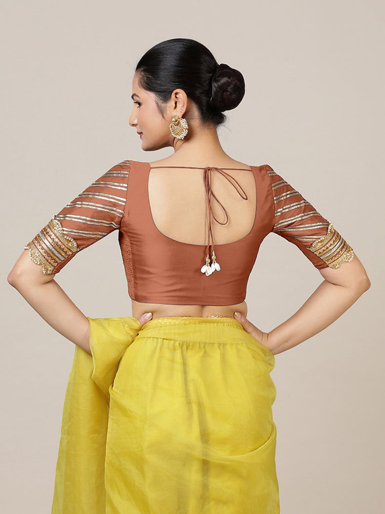 Anisha x Tyohaar Saree Blouse, in Copper Vegan Silk, featuring elbow sleeves and round neckline, made for party & festive.