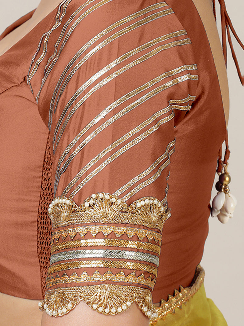 Anisha x Tyohaar | Elbow Sleeves Saree Blouse in Metallic Copper-Binks