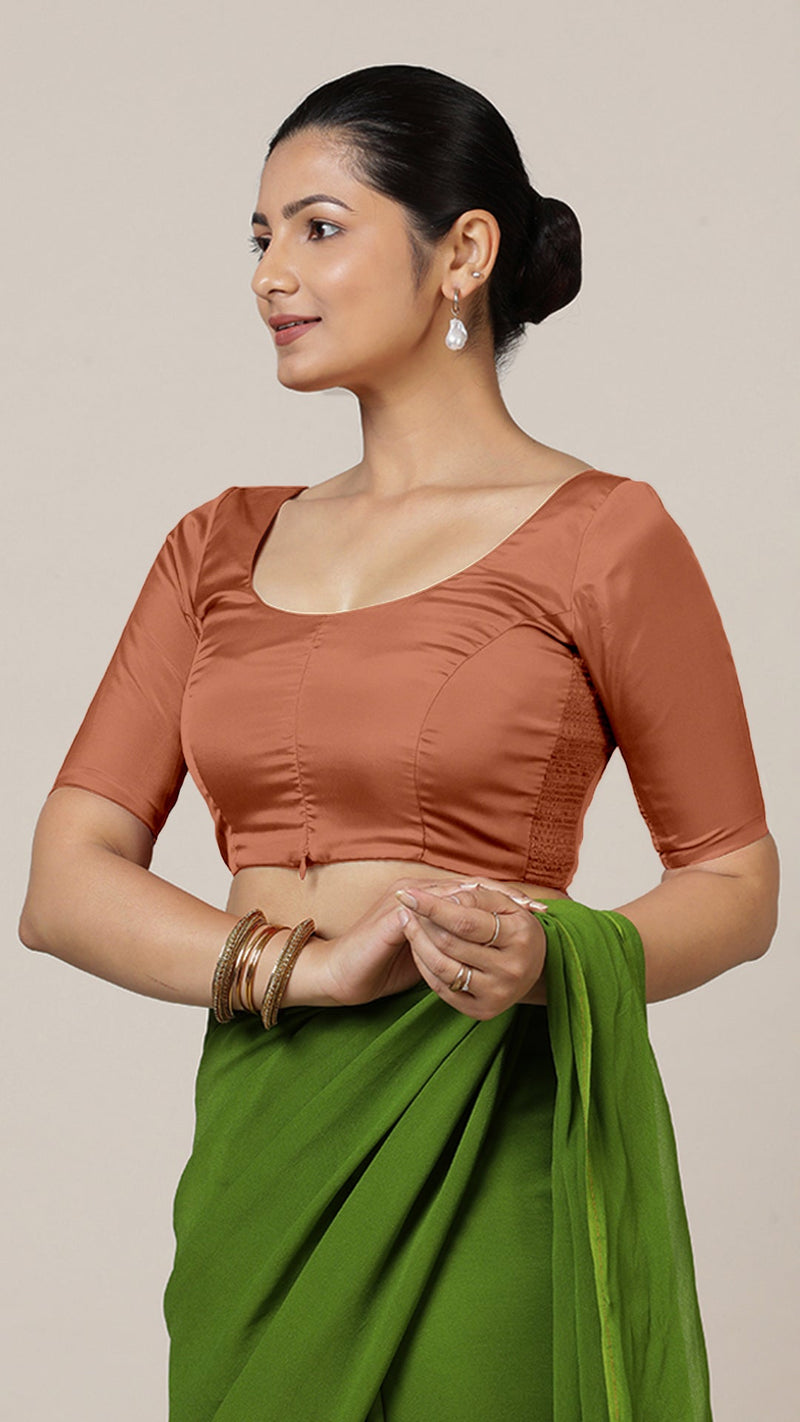 Anisha x Rozaana | Elbow Sleeves Saree Blouse in Metallic Copper-Binks