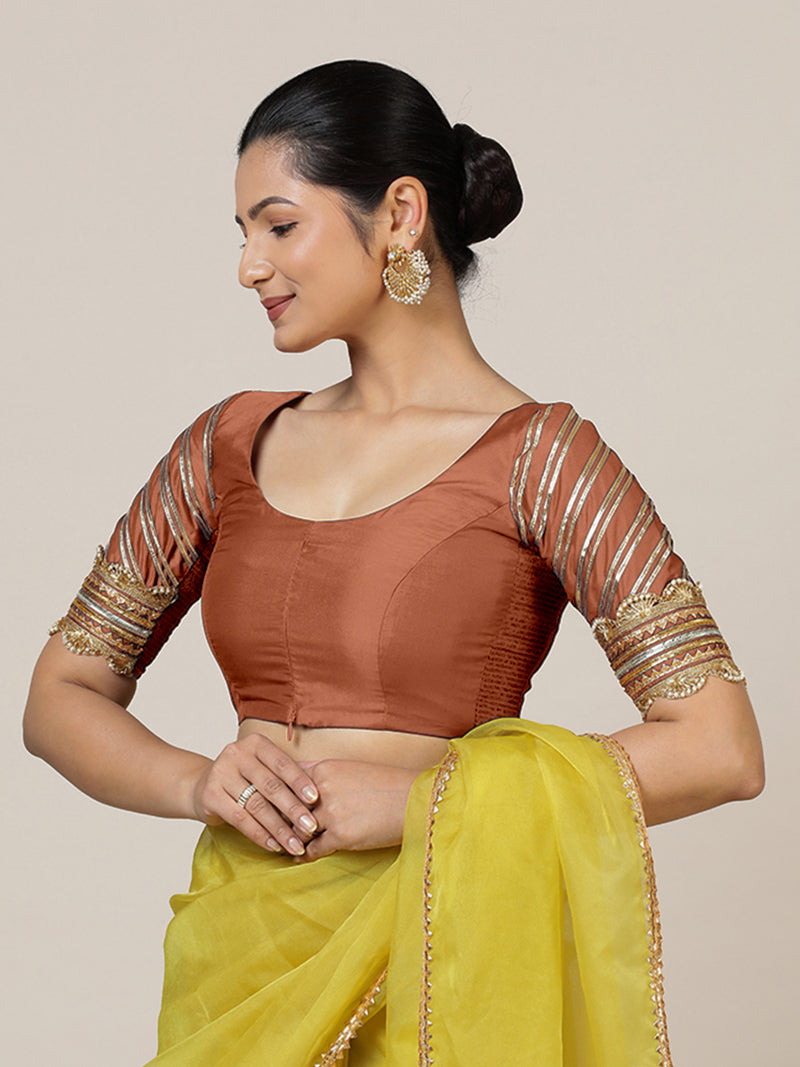 Anisha x Tyohaar | Elbow Sleeves Saree Blouse in Metallic Copper-Binks