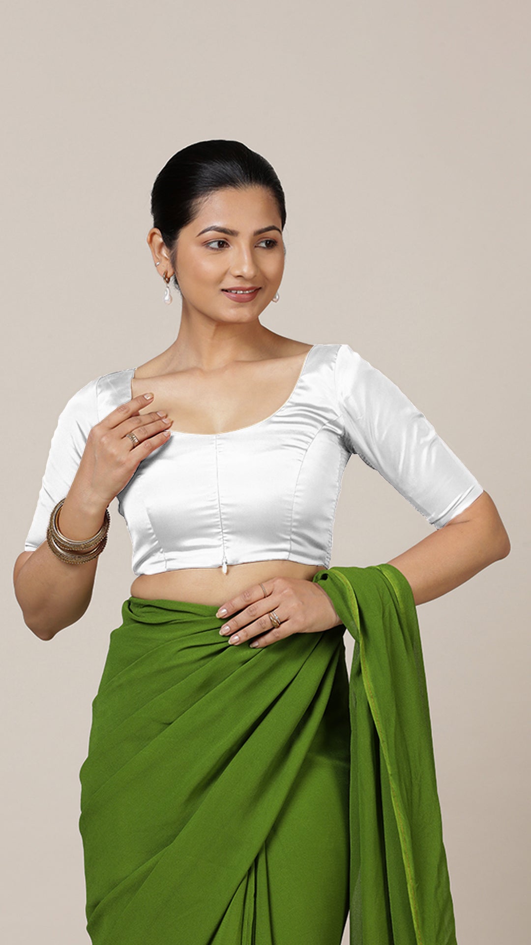 Anisha x Rozaana Saree Blouse, in White Vegan Silk, featuring elbow sleeves and round neckline, made for daily & work.