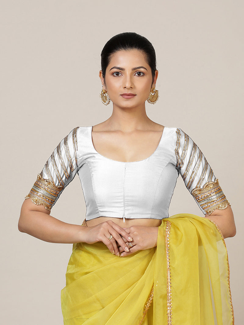 Anisha x Tyohaar | Elbow Sleeves Saree Blouse in Pearl White-Binks