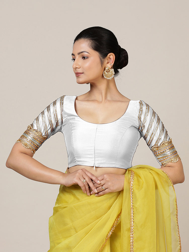 Anisha x Tyohaar Saree Blouse, in White Vegan Silk, featuring elbow sleeves and round neckline, made for party & festive.