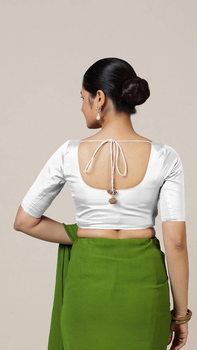 Anisha x Rozaana Saree Blouse, in White Vegan Silk, featuring elbow sleeves and round neckline, made for daily & work (view 2).