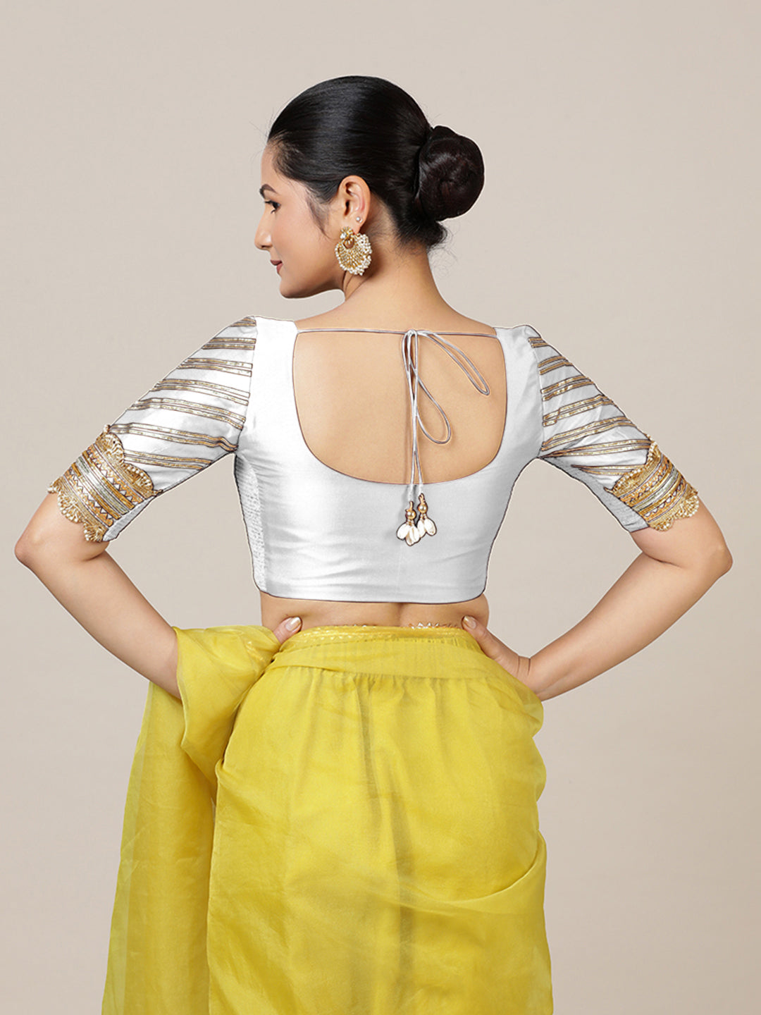 Anisha x Tyohaar Saree Blouse, in White Vegan Silk, featuring elbow sleeves and round neckline, made for party & festive.