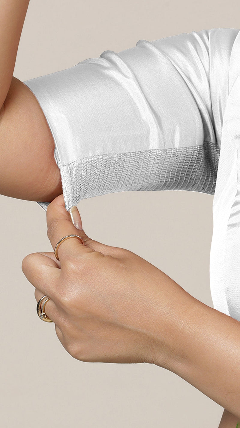 Anisha x Rozaana | Elbow Sleeves Saree Blouse in Pearl White-Binks