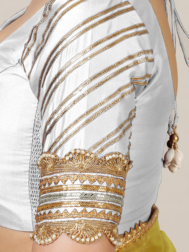 Anisha x Tyohaar | Elbow Sleeves Saree Blouse in Pearl White-Binks