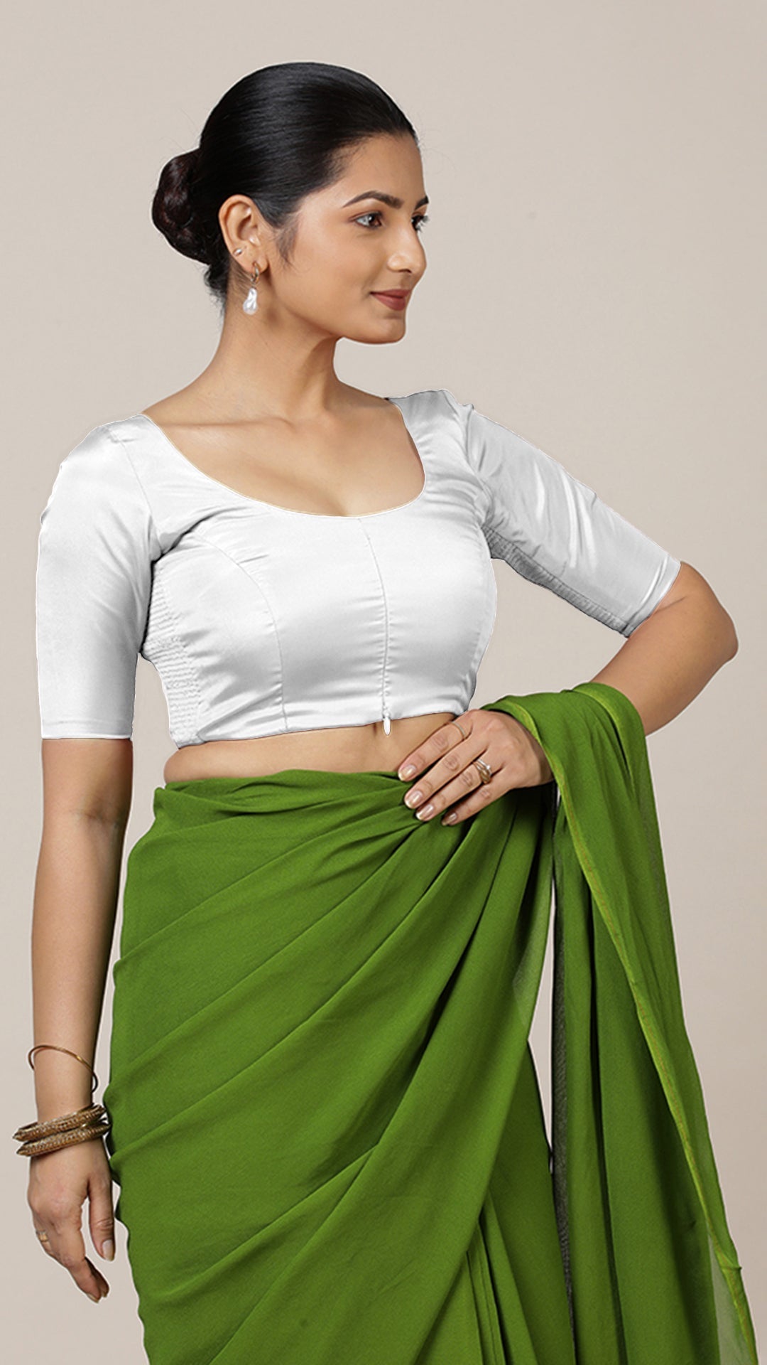 Anisha x Rozaana Saree Blouse, in White Vegan Silk, featuring elbow sleeves and round neckline, made for daily & work (view 6).
