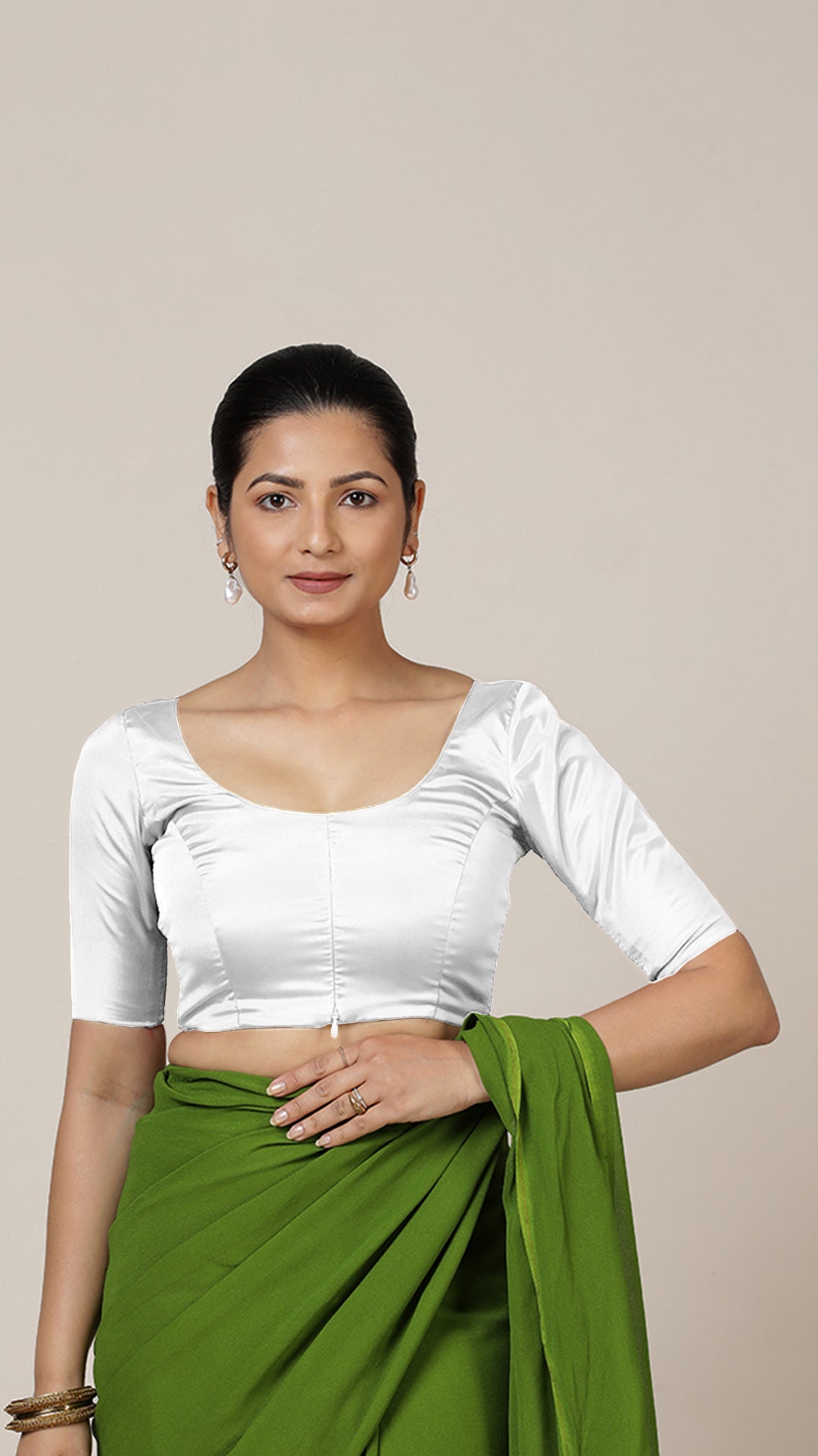 Anisha x Rozaana Saree Blouse, in White Vegan Silk, featuring elbow sleeves and round neckline, made for daily & work (view 7).