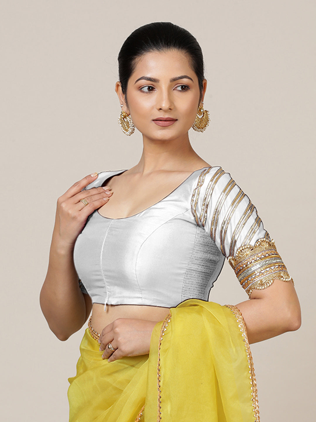 Anisha x Tyohaar Saree Blouse, in White Vegan Silk, featuring elbow sleeves and round neckline, made for party & festive.