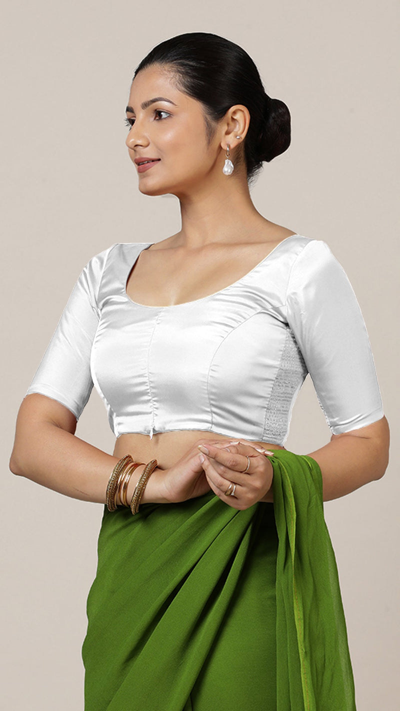 Anisha x Rozaana | Elbow Sleeves Saree Blouse in Pearl White-Binks