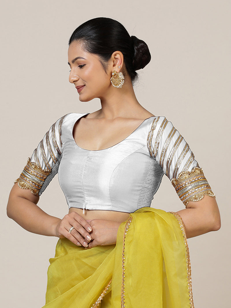 Anisha x Tyohaar | Elbow Sleeves Saree Blouse in Pearl White-Binks