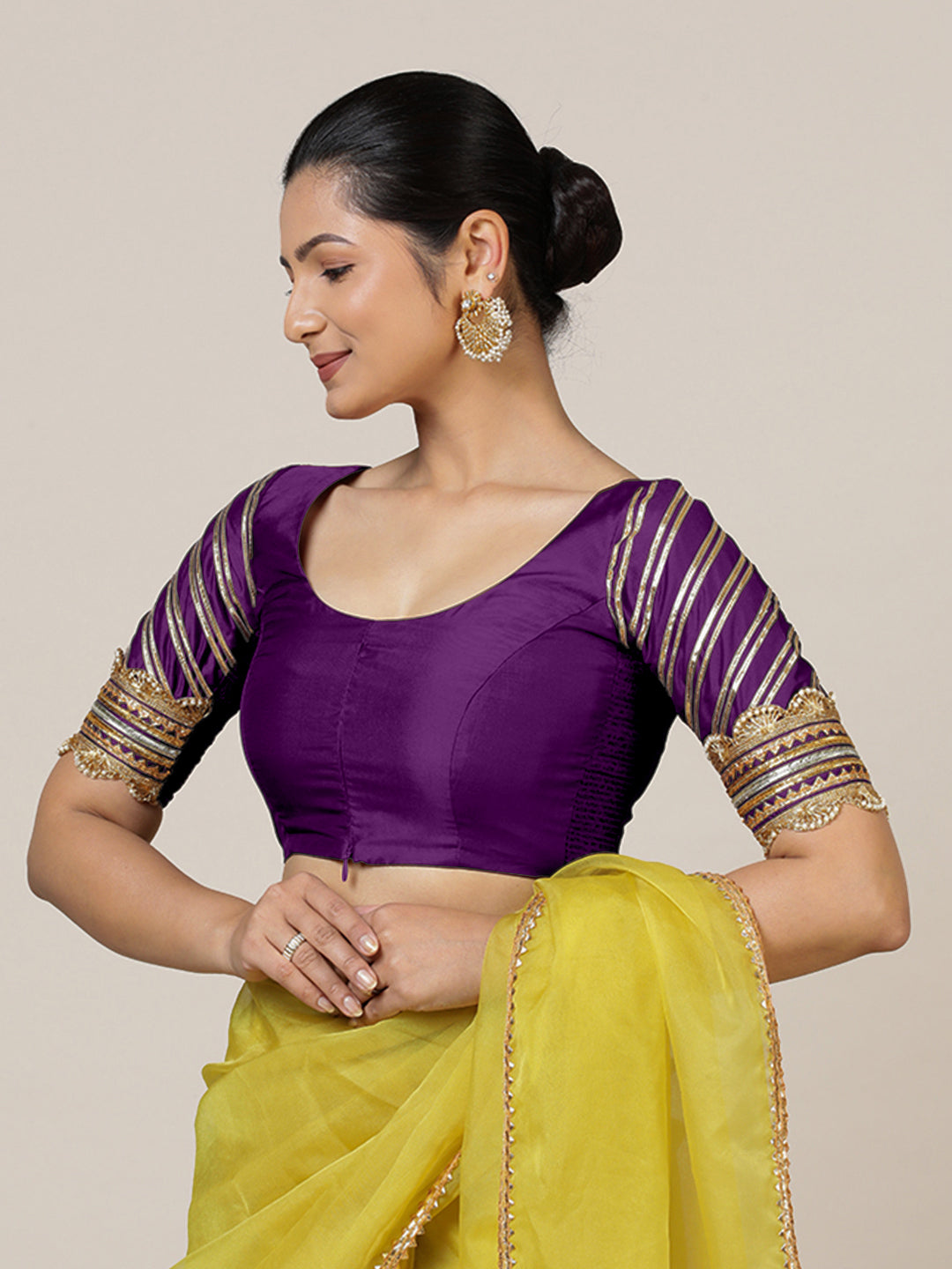 Anisha x Tyohaar Saree Blouse, in Purple Vegan Silk, featuring elbow sleeves and round neckline, made for party & festive.