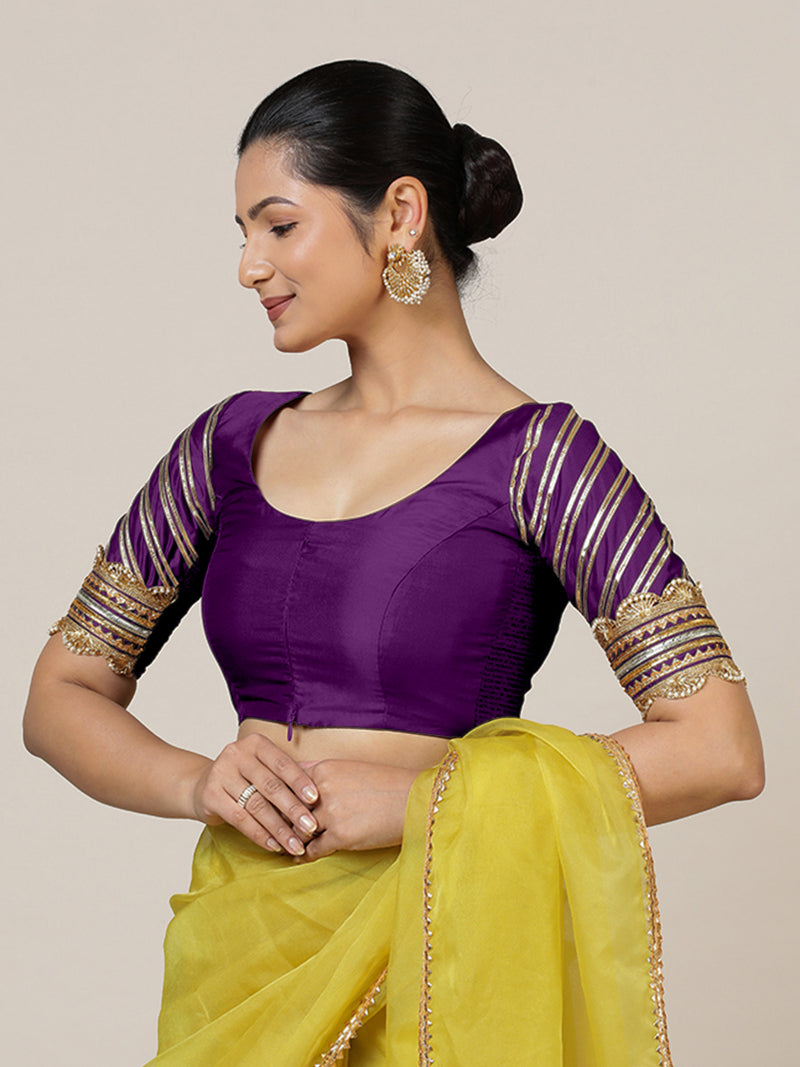 Anisha x Tyohaar | Elbow Sleeves Saree Blouse in Purple-Binks