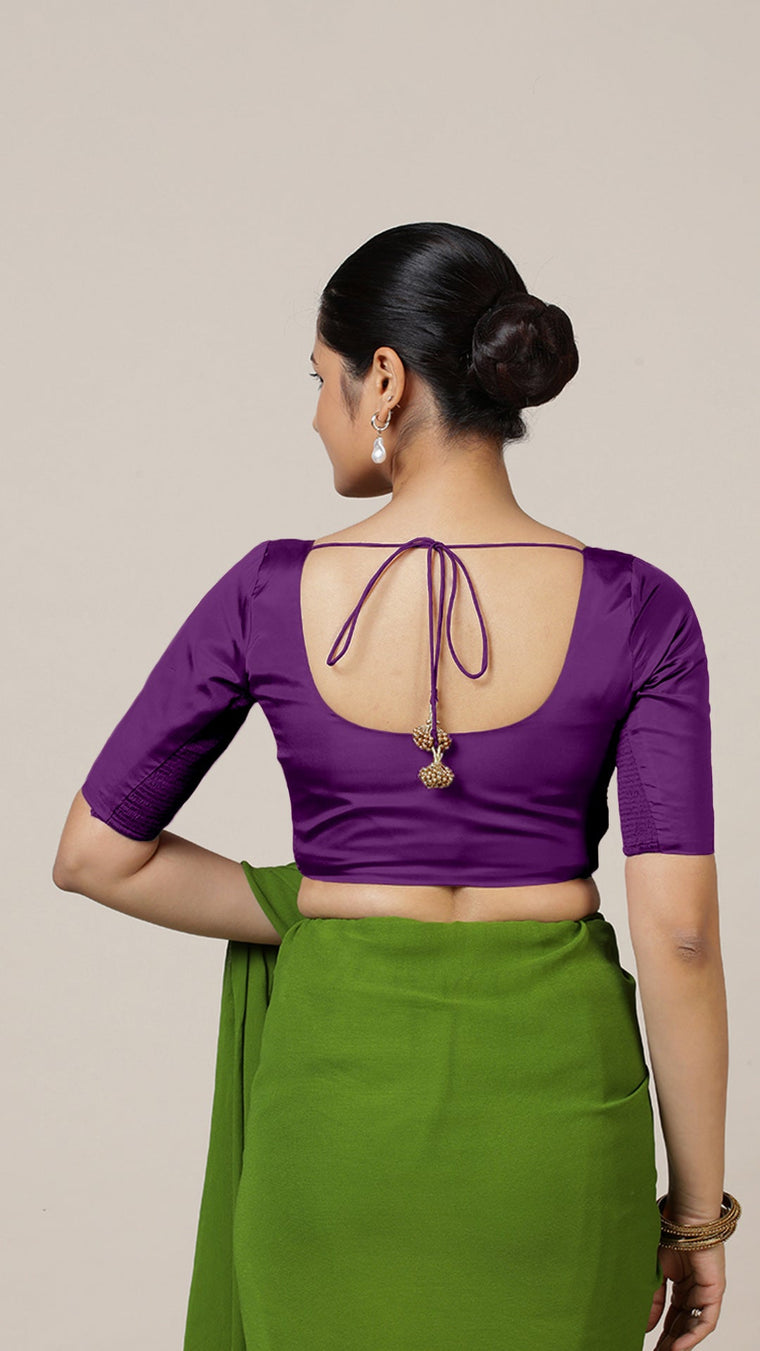 Anisha x Rozaana Saree Blouse, in Purple Vegan Silk, featuring elbow sleeves and round neckline, made for daily & work (view 2).