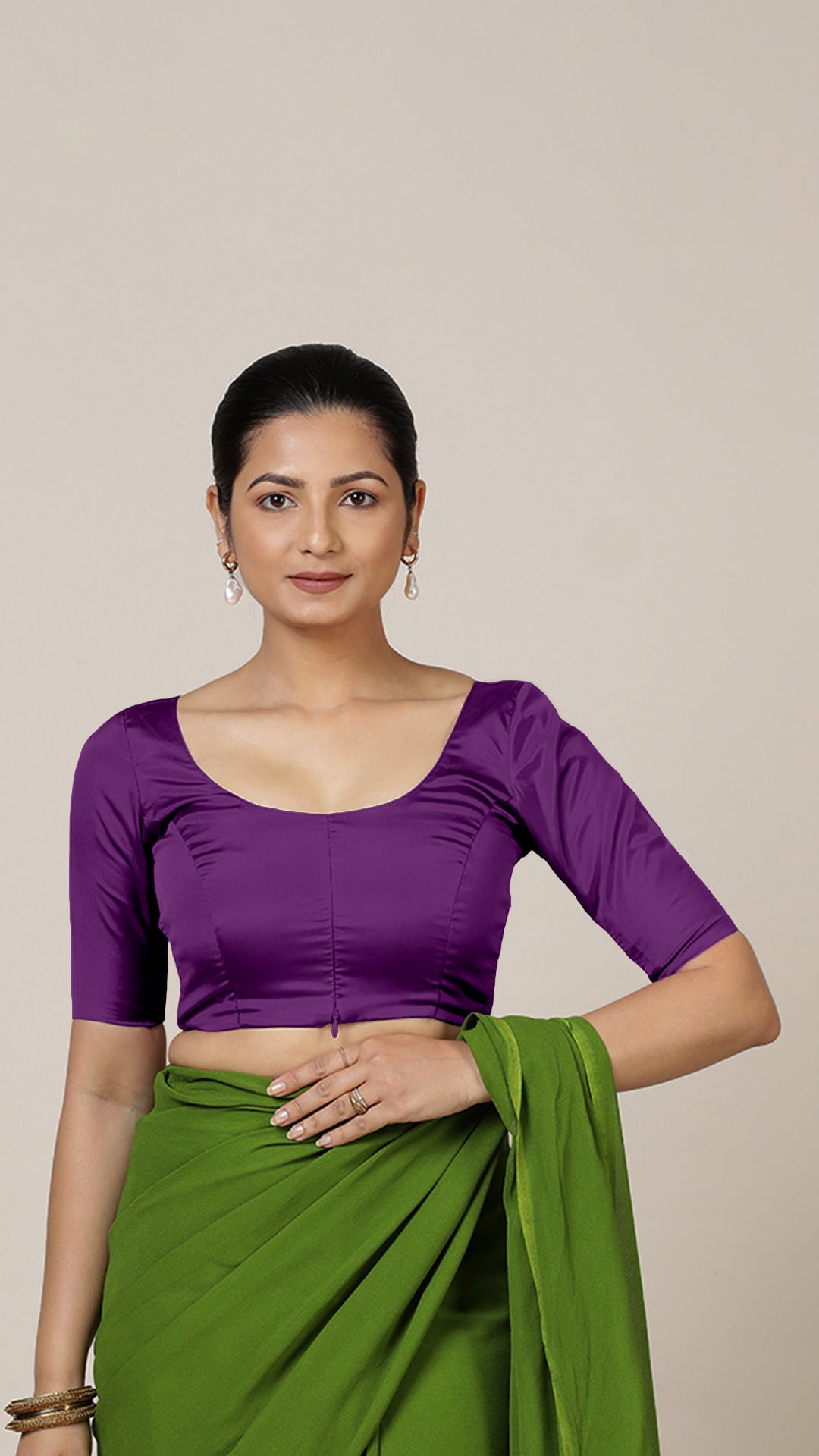Anisha x Rozaana Saree Blouse, in Purple Vegan Silk, featuring elbow sleeves and round neckline, made for daily & work (view 6).