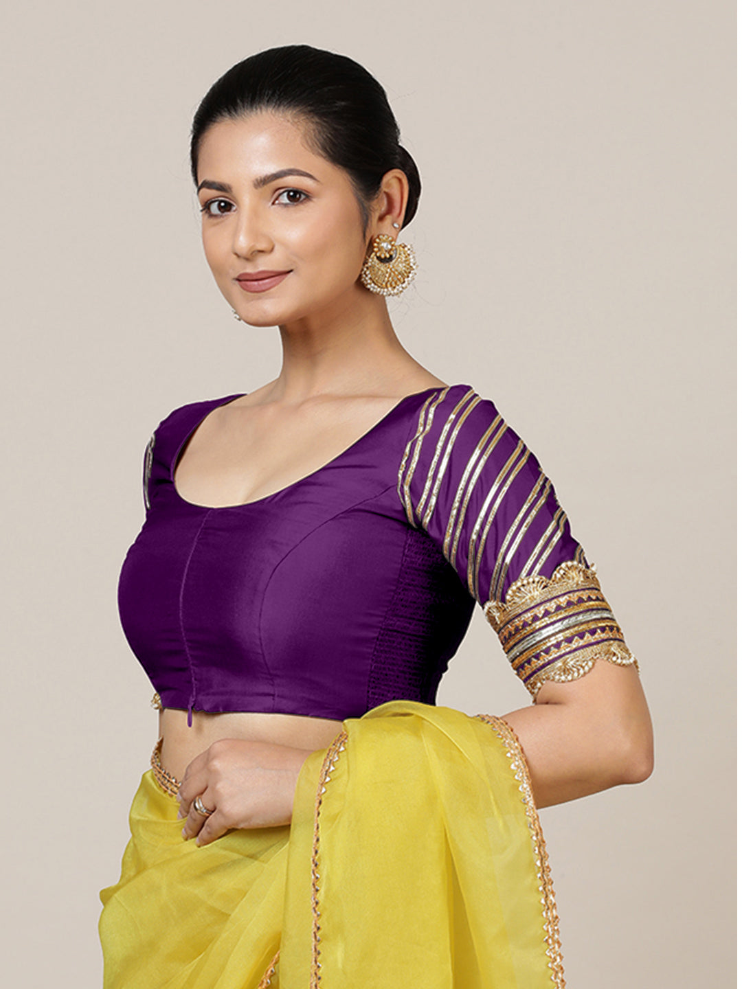Anisha x Tyohaar Saree Blouse, in Purple Vegan Silk, featuring elbow sleeves and round neckline, made for party & festive.