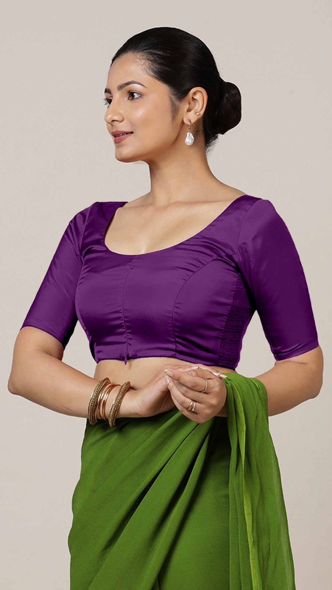 Anisha x Rozaana Saree Blouse, in Purple Vegan Silk, featuring elbow sleeves and round neckline, made for daily & work (view 8).